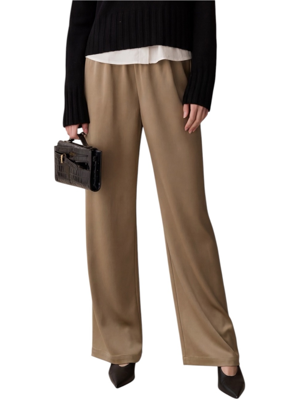 Few Moda Caara Selah Dress Pant Wide-Leg High-Rise Satin Khaki NWT